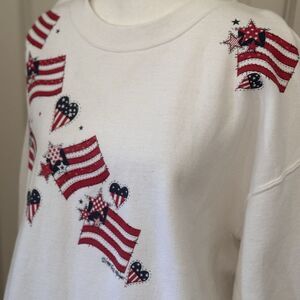 Vtg 90s American Heart Flag White Graphic Sweatshirt Sz L Vicki Melhart July 4th